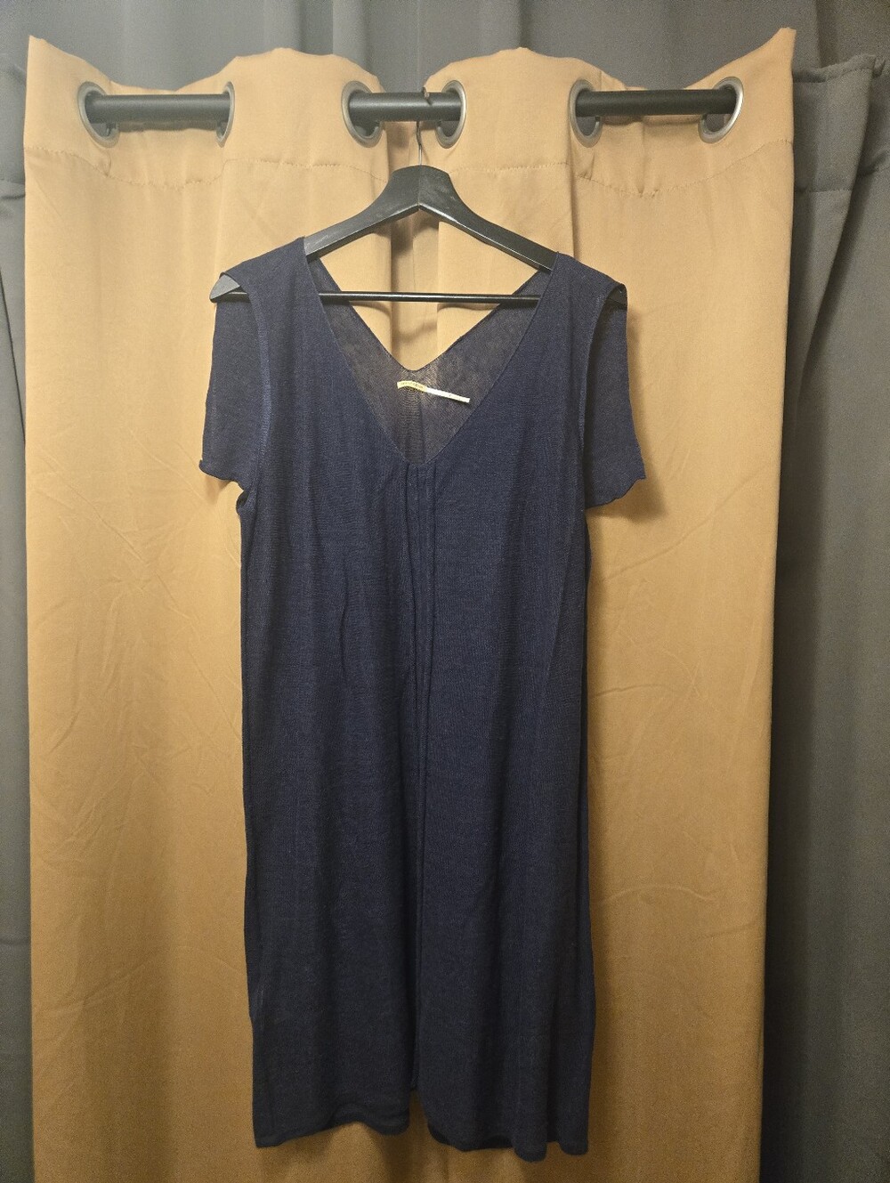 Max Studio Navy V-Neck Short Sleeve Linen Midi Dress